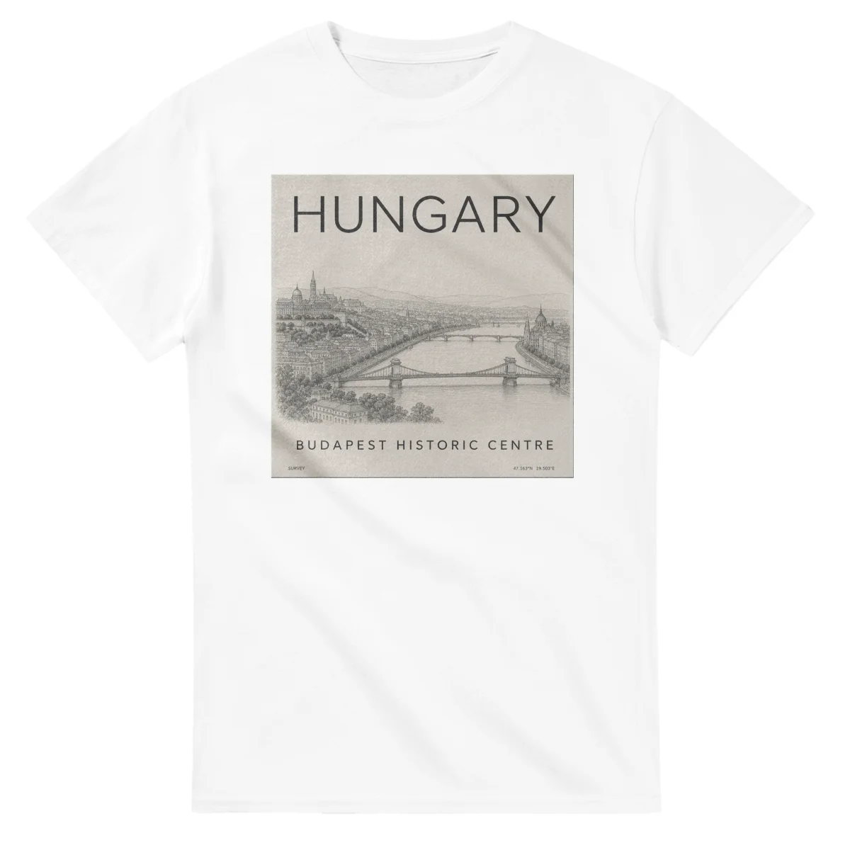 Fine-line engraving-style drawing for Hungary, with a landmark caption and small coordinate text.