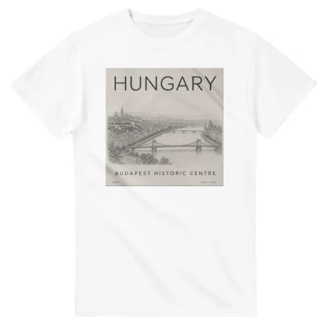 Fine-line engraving-style drawing for Hungary, with a landmark caption and small coordinate text.