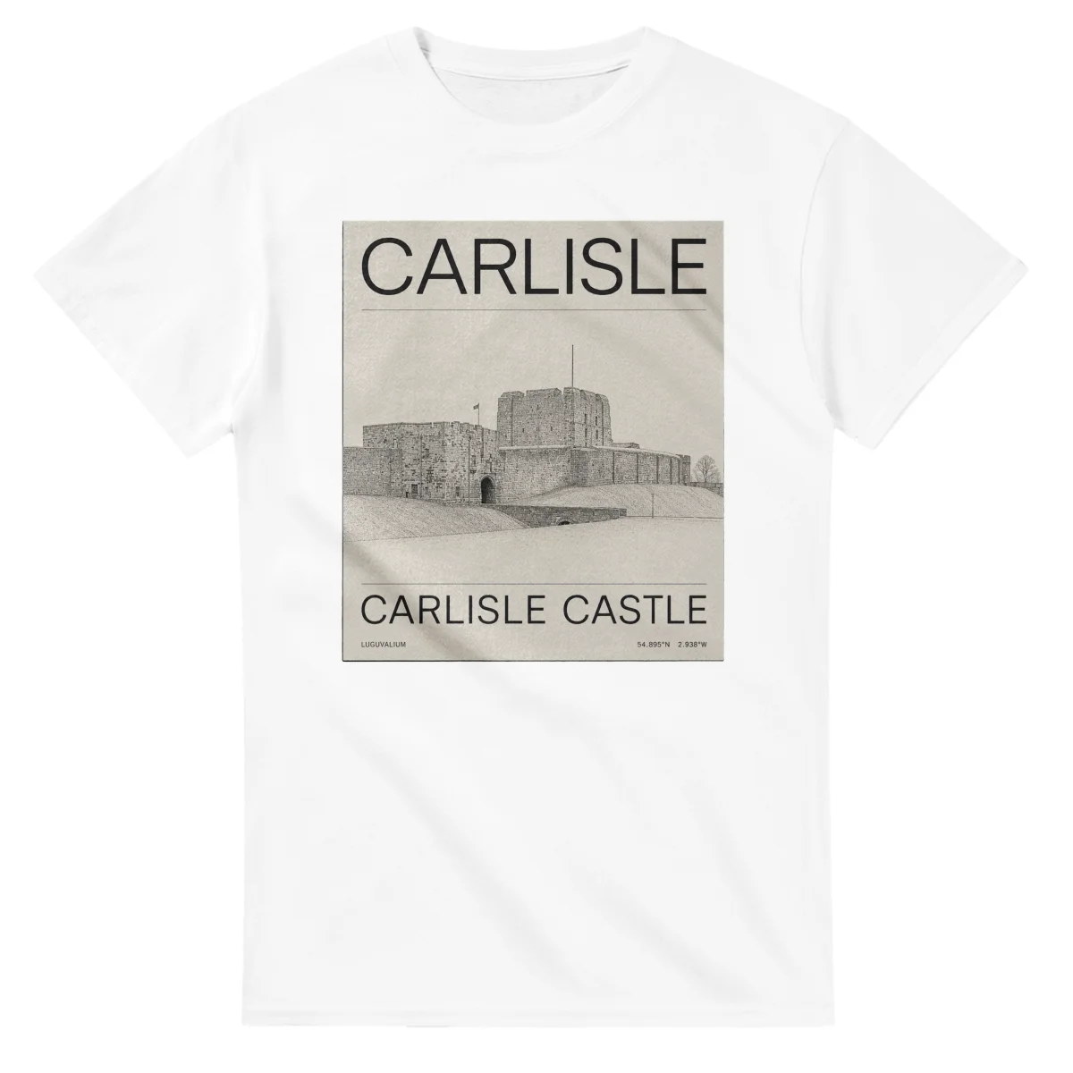 Fine-line engraving-style drawing for Carlisle, with a landmark caption and small coordinate text.