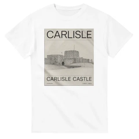 Fine-line engraving-style drawing for Carlisle, with a landmark caption and small coordinate text.