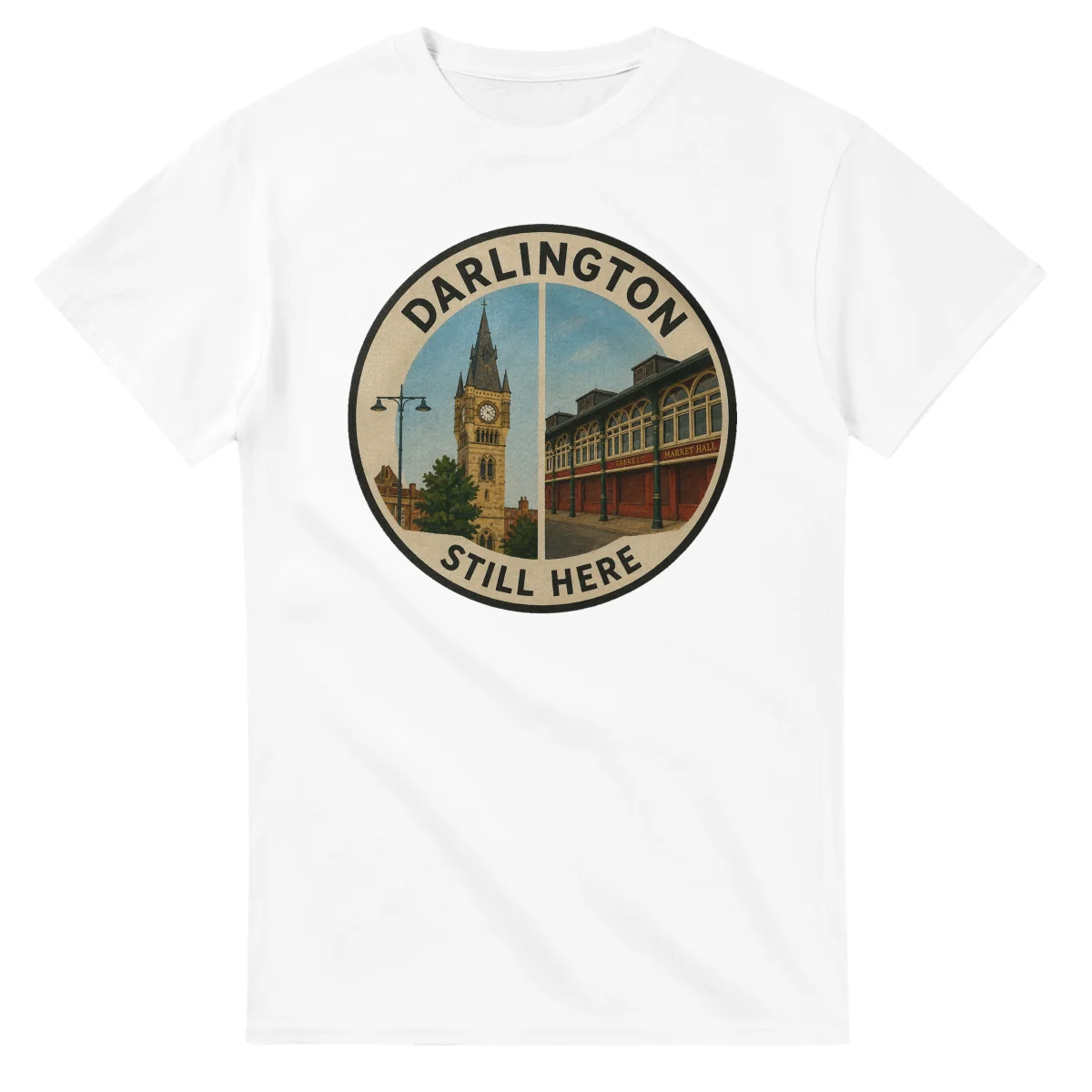 Painted, panelled scenic illustration for Darlington, with paired local scenes and the place name in lettering.
