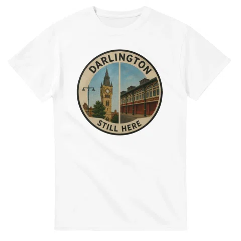 Painted, panelled scenic illustration for Darlington, with paired local scenes and the place name in lettering.