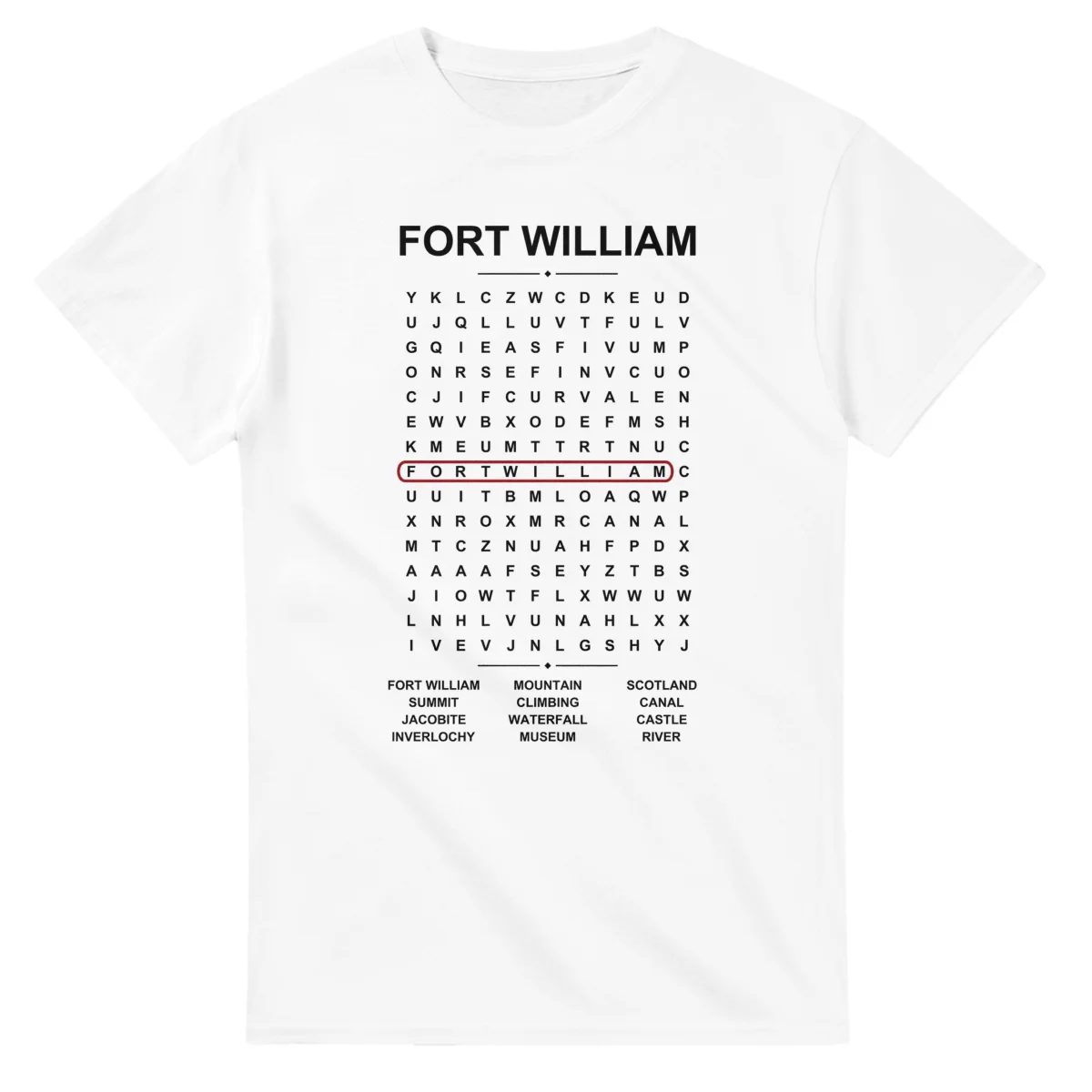 Word-search sheet for Fort William, with a large place-name heading, a letter grid, a local answer list, and a red highlighted example word.