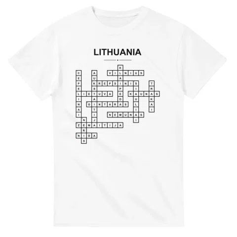 Monochrome crossword sheet for Lithuania, with a large place-name heading, a letter grid, and numbered across and down clues.