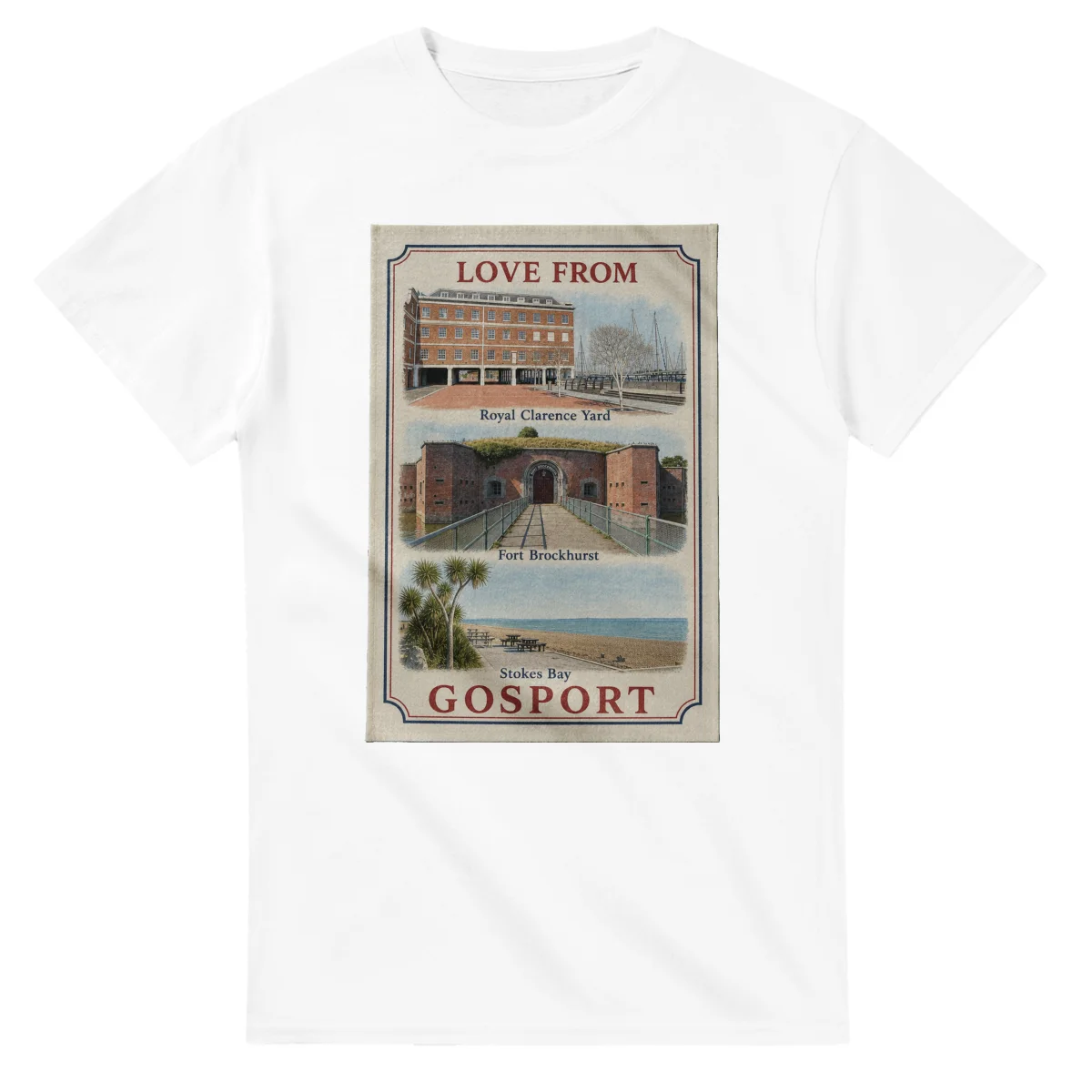 Framed scenic design for Gosport, with several local views, a decorative border and LOVE FROM lettering.