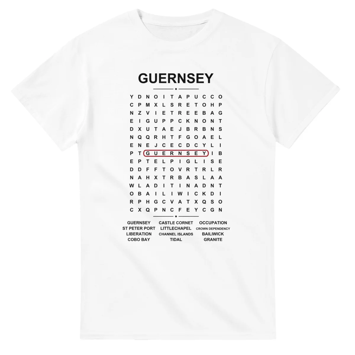 Word-search sheet for Guernsey, with a large place-name heading, a letter grid, a local answer list, and a red highlighted example word.