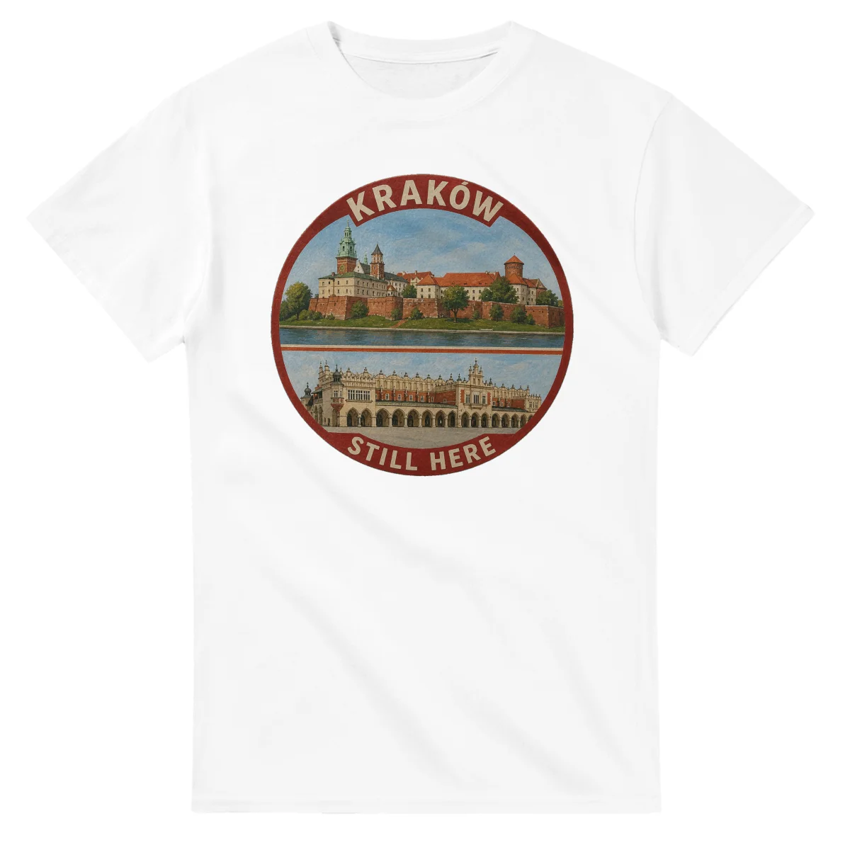 Painted, panelled scenic illustration for Kraków, with paired local scenes and the place name in lettering.