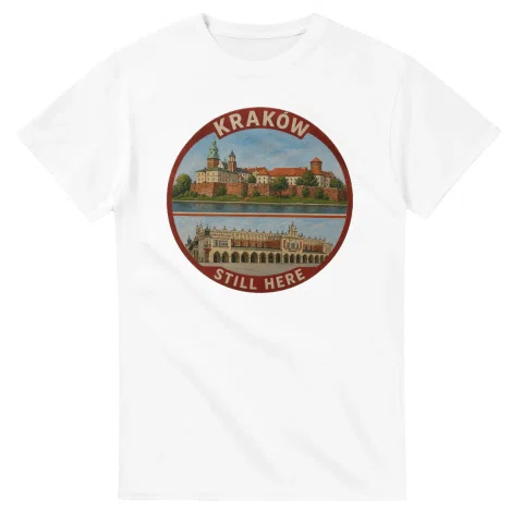 Painted, panelled scenic illustration for Kraków, with paired local scenes and the place name in lettering.