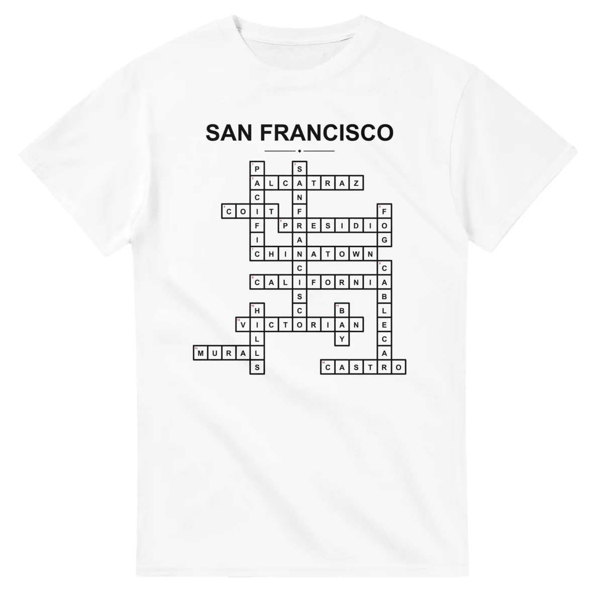 Monochrome crossword sheet for San Francisco, with a large place-name heading, a letter grid, and numbered across and down clues.