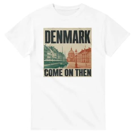 Two-colour scenic illustration for Denmark, with the place name and COME ON THEN lettering.