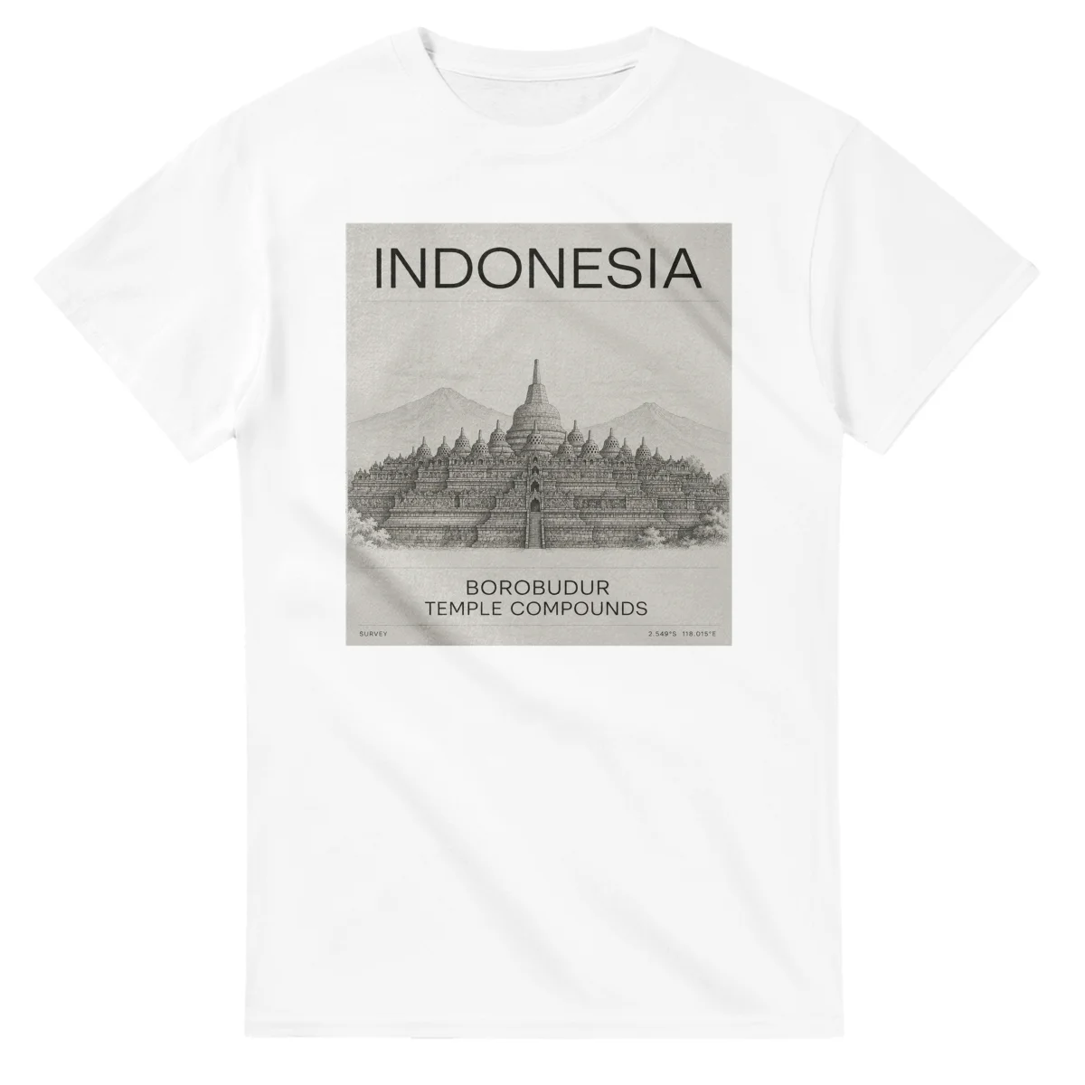 Fine-line engraving-style drawing for Indonesia, with a landmark caption and small coordinate text.