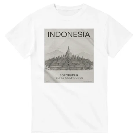 Fine-line engraving-style drawing for Indonesia, with a landmark caption and small coordinate text.