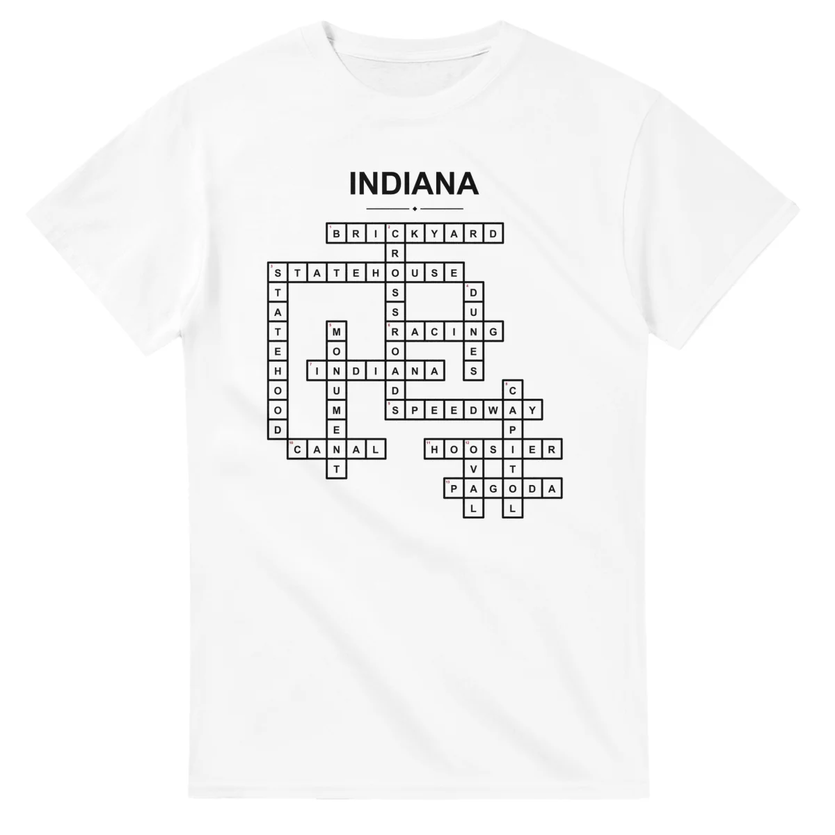 Monochrome crossword sheet for Indiana, with a large place-name heading, a letter grid, and numbered across and down clues.