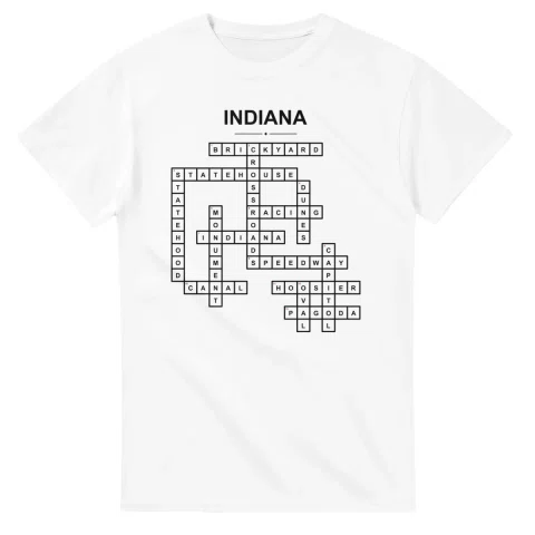 Monochrome crossword sheet for Indiana, with a large place-name heading, a letter grid, and numbered across and down clues.