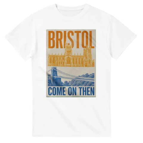 Two-colour scenic illustration for Bristol, with the place name and COME ON THEN lettering.