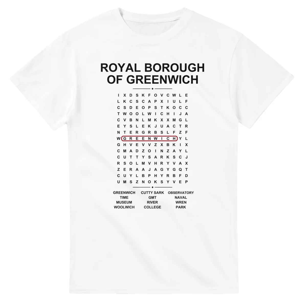 Word-search sheet for Royal Borough of Greenwich, with a large place-name heading, a letter grid, a local answer list, and a red highlighted example word.