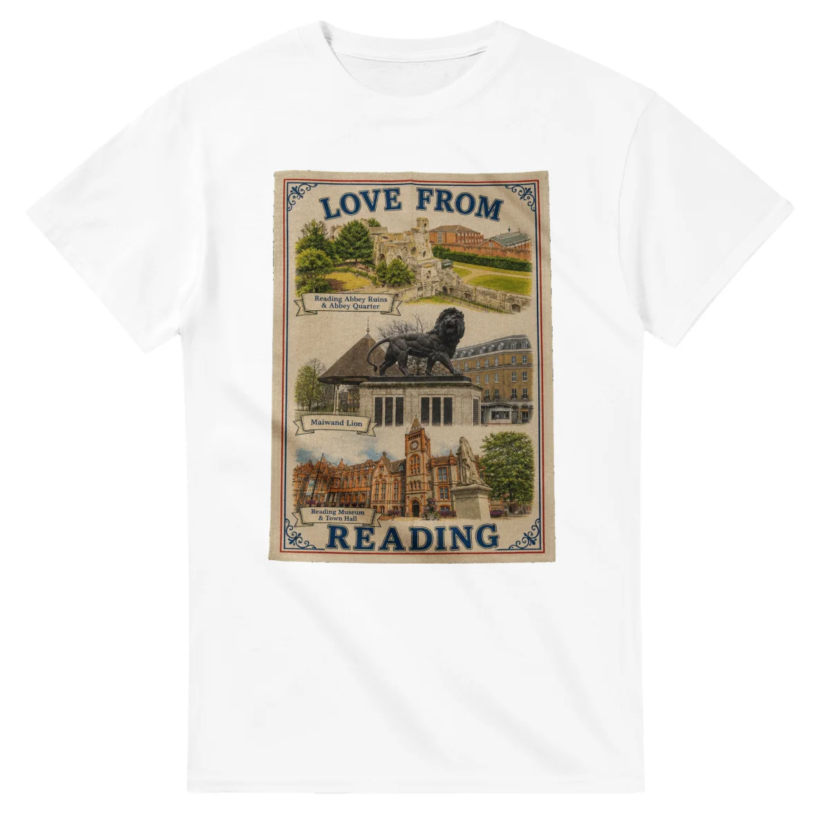 Framed scenic design for Reading, with several local views, a decorative border and LOVE FROM lettering.