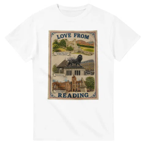 Framed scenic design for Reading, with several local views, a decorative border and LOVE FROM lettering.