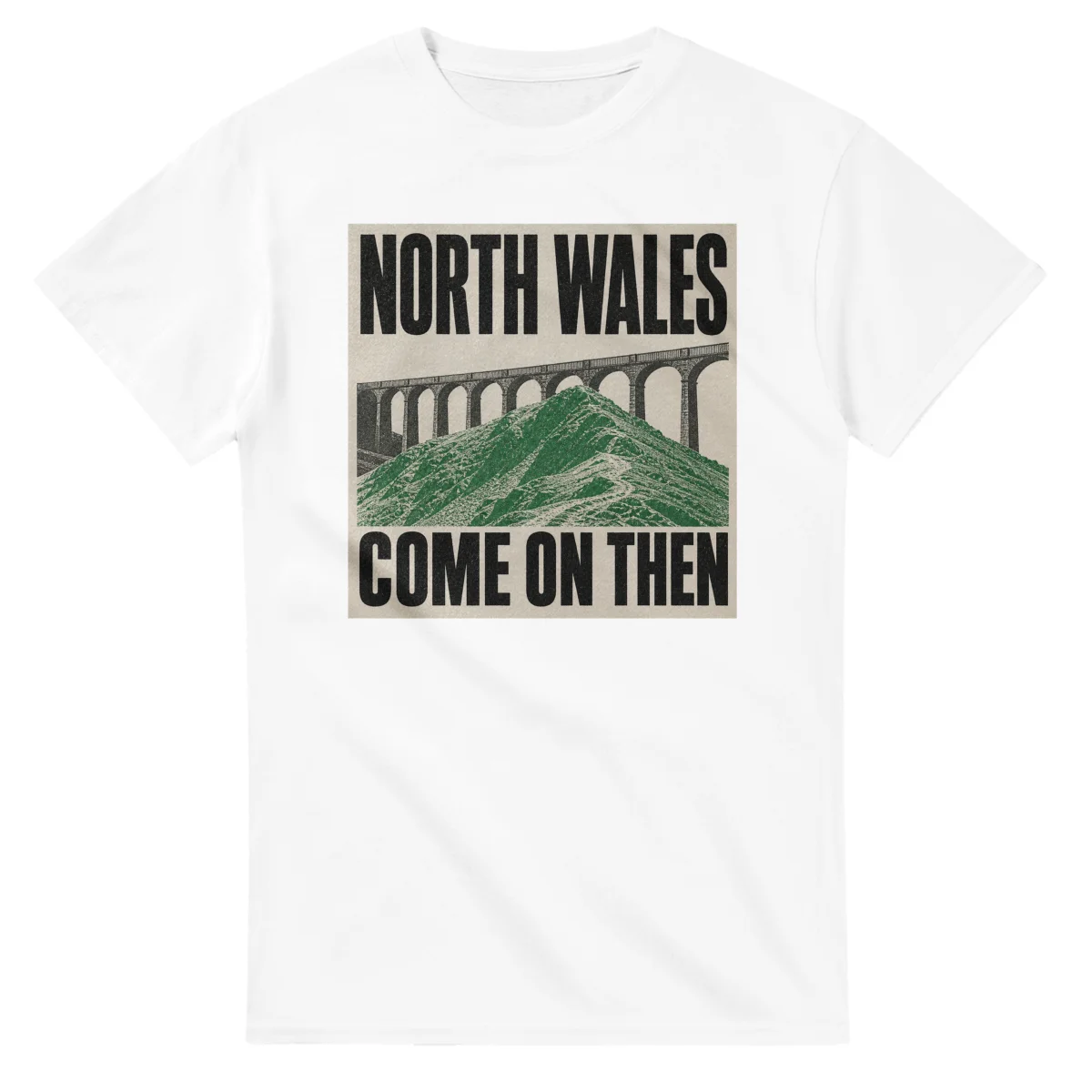 Two-colour scenic illustration for North Wales, with the place name and COME ON THEN lettering.
