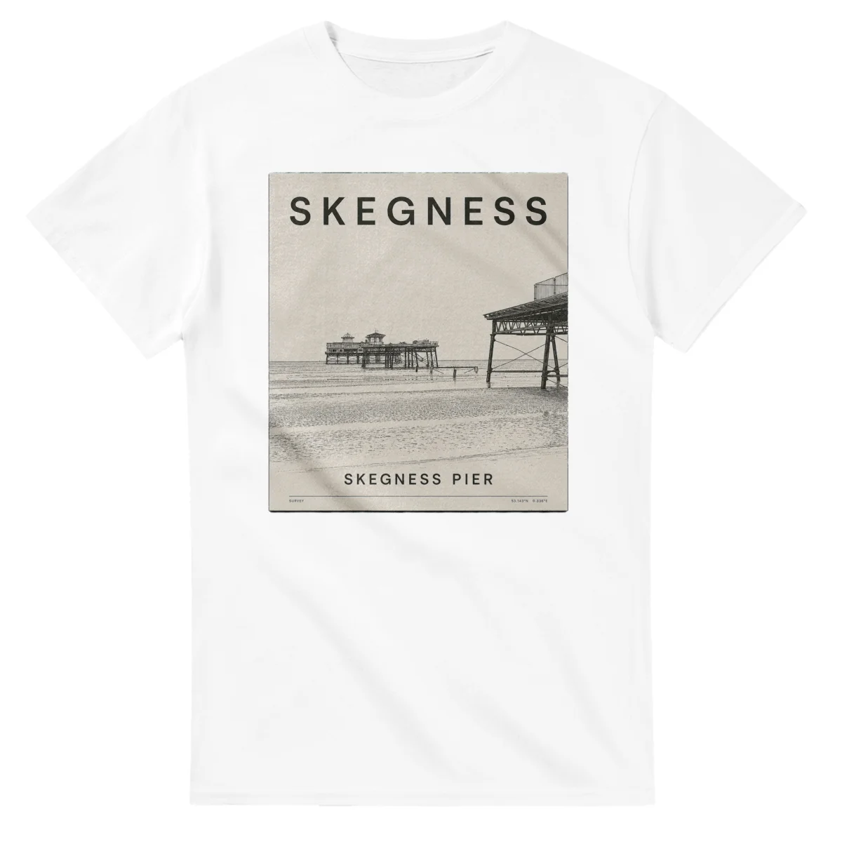 Fine-line engraving-style drawing for Skegness, with a landmark caption and small coordinate text.