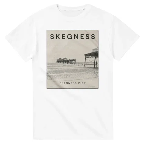 Fine-line engraving-style drawing for Skegness, with a landmark caption and small coordinate text.