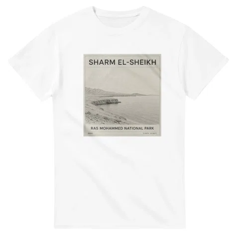 Fine-line engraving-style drawing for Sharm el-Sheikh, with a landmark caption and small coordinate text.