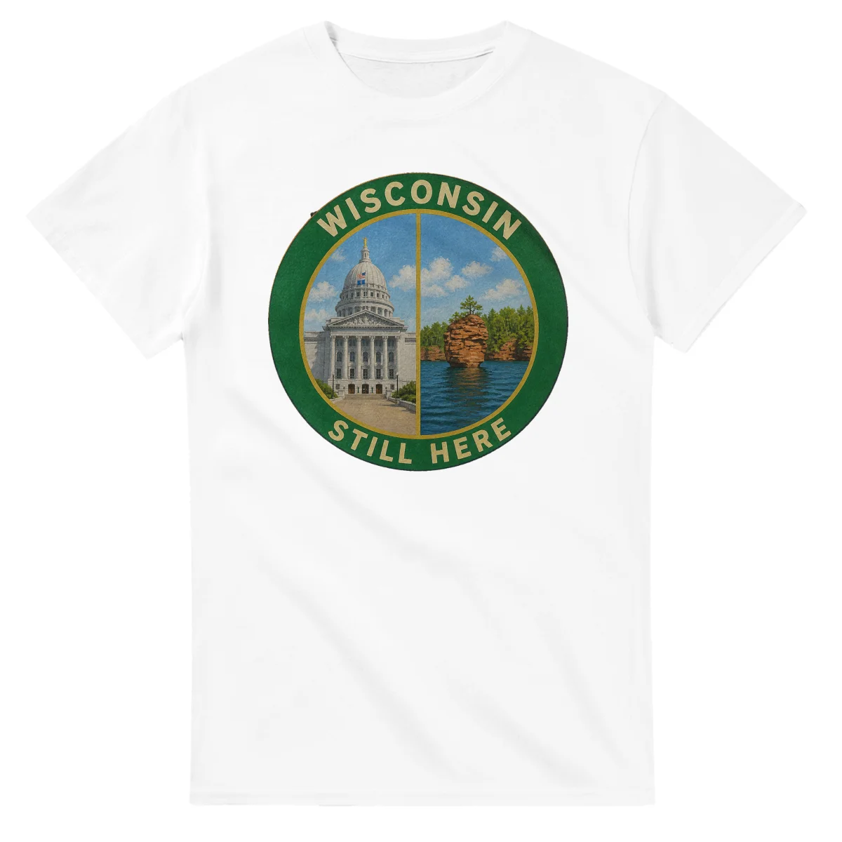 Painted, panelled scenic illustration for Wisconsin, with paired local scenes and the place name in lettering.