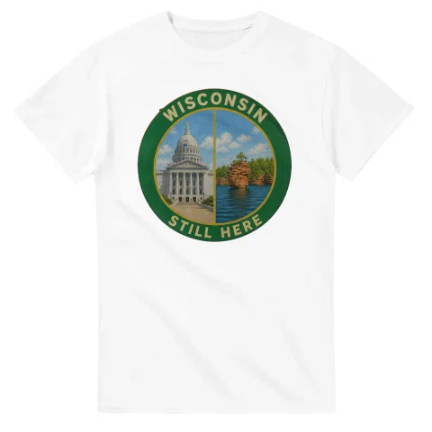 Painted, panelled scenic illustration for Wisconsin, with paired local scenes and the place name in lettering.