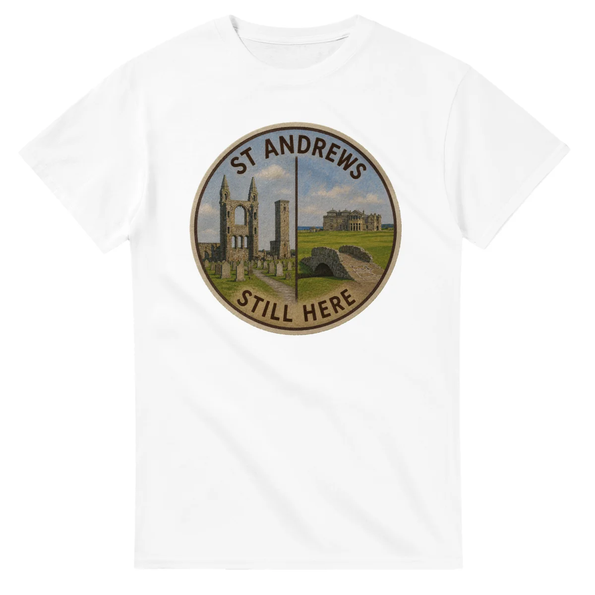 Painted, panelled scenic illustration for St Andrews, with paired local scenes and the place name in lettering.