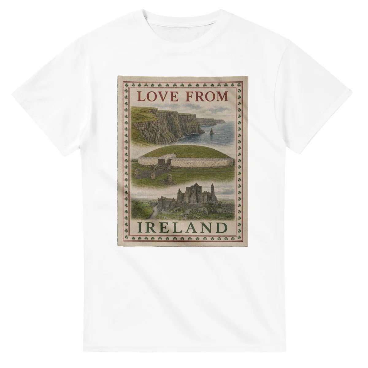 Framed scenic design for Ireland, with several local views, a decorative border and LOVE FROM lettering.