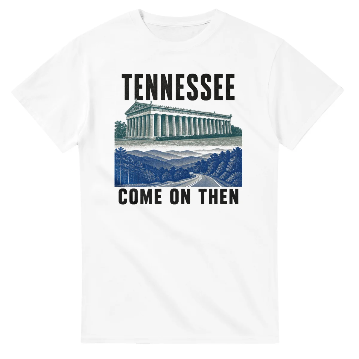 Two-colour scenic illustration for Tennessee, with the place name and COME ON THEN lettering.