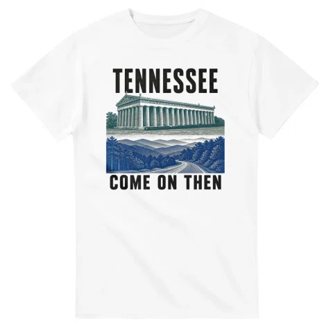 Two-colour scenic illustration for Tennessee, with the place name and COME ON THEN lettering.