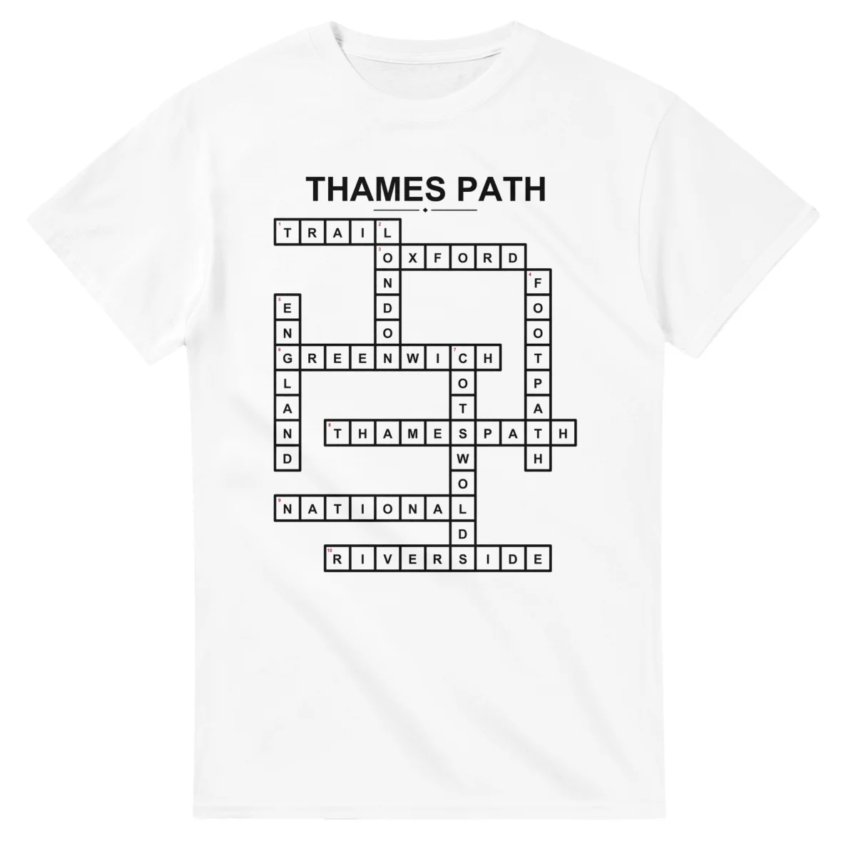 Monochrome crossword sheet for Thames Path, with a large place-name heading, a letter grid, and numbered across and down clues.