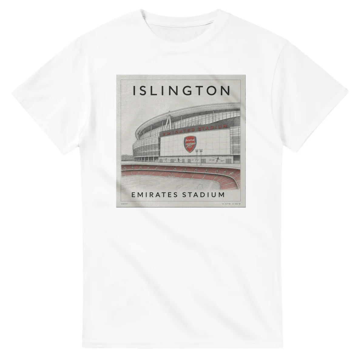 Fine-line engraving-style drawing for London Borough of Islington, with a landmark caption and small coordinate text.