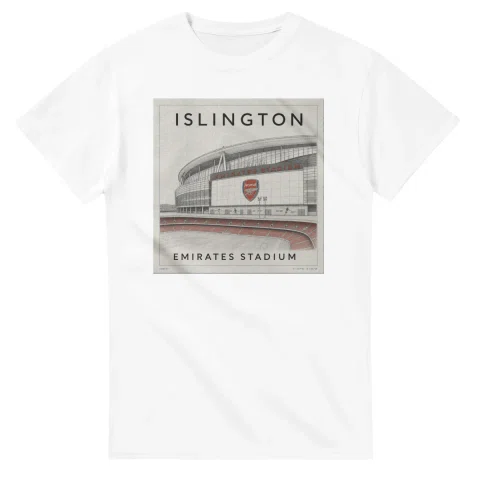 Fine-line engraving-style drawing for London Borough of Islington, with a landmark caption and small coordinate text.