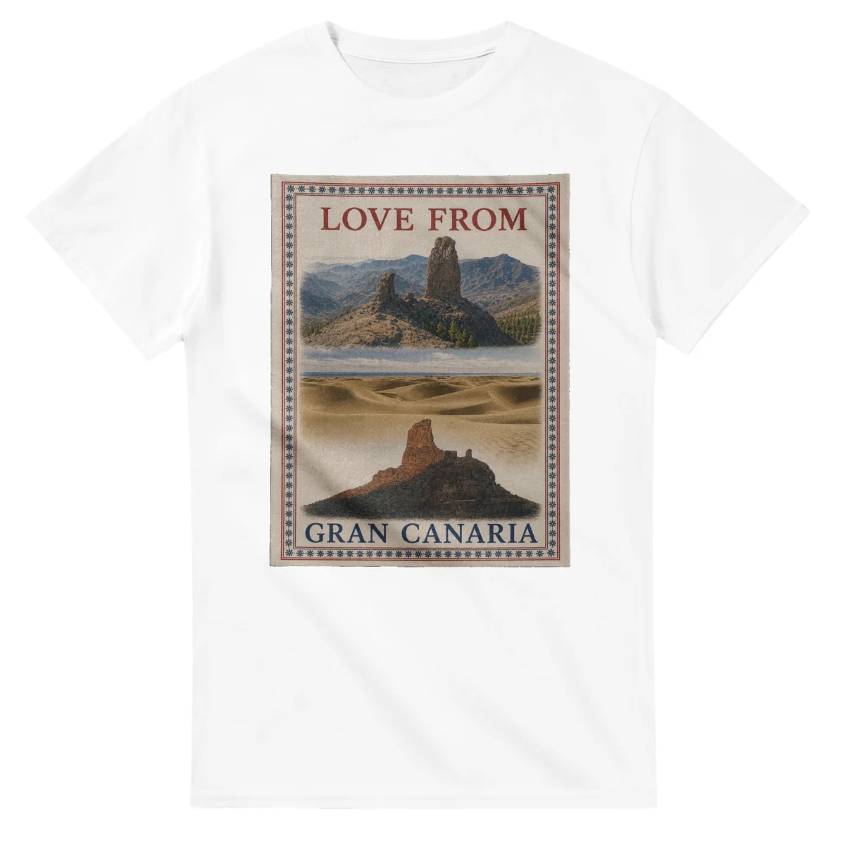 Framed scenic design for Gran Canaria, with several local views, a decorative border and LOVE FROM lettering.