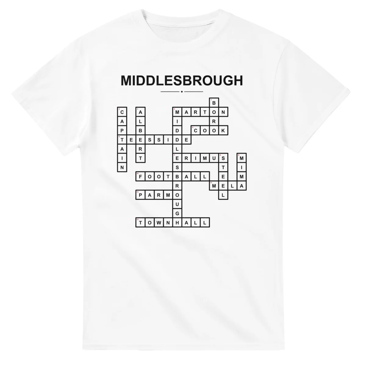 Monochrome crossword sheet for Middlesbrough, with a large place-name heading, a letter grid, and numbered across and down clues.