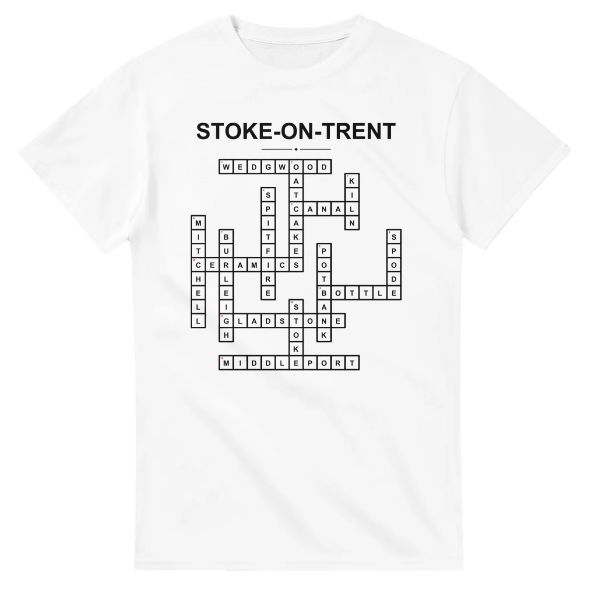 Monochrome crossword sheet for Stoke-on-Trent, with a large place-name heading, a letter grid, and numbered across and down clues.