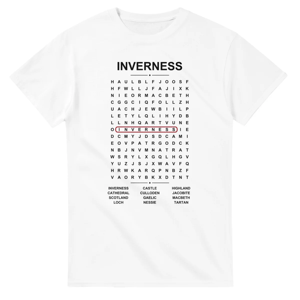 Word-search sheet for Inverness, with a large place-name heading, a letter grid, a local answer list, and a red highlighted example word.