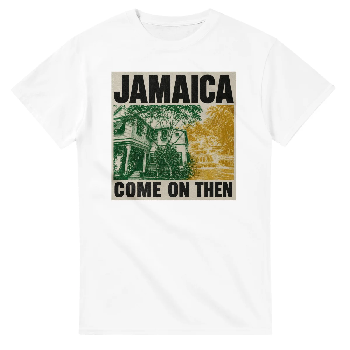 Two-colour scenic illustration for Jamaica, with the place name and COME ON THEN lettering.