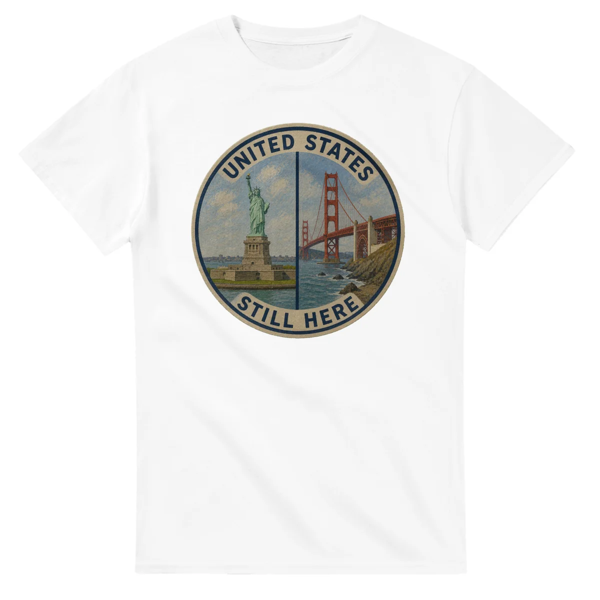 Painted, panelled scenic illustration for United States, with paired local scenes and the place name in lettering.