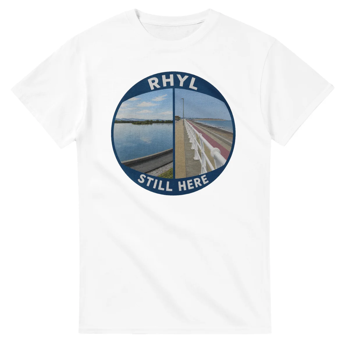 Painted, panelled scenic illustration for Rhyl, with paired local scenes and the place name in lettering.