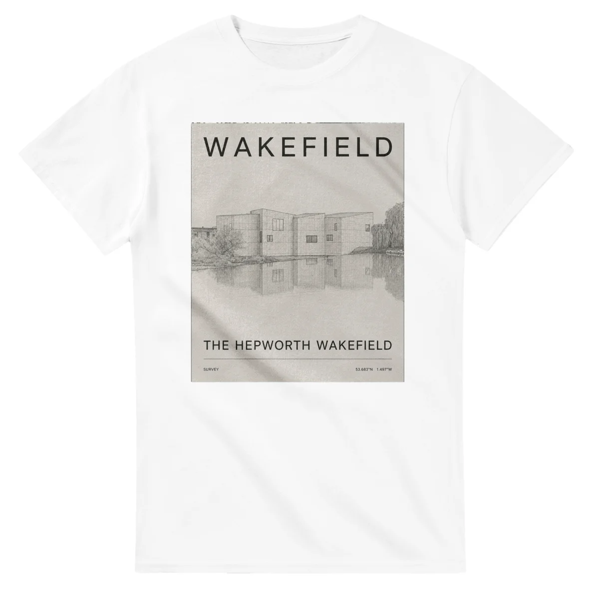 Fine-line engraving-style drawing for Wakefield, with a landmark caption and small coordinate text.