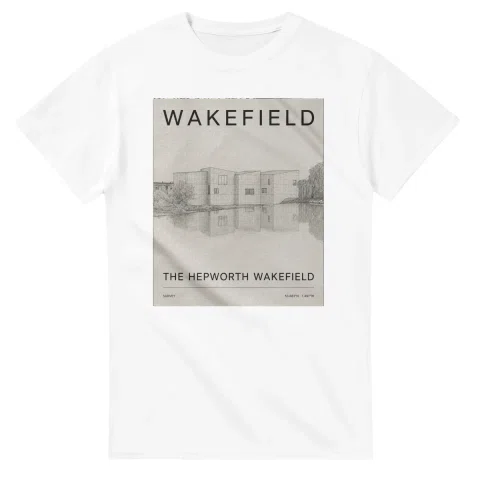 Fine-line engraving-style drawing for Wakefield, with a landmark caption and small coordinate text.
