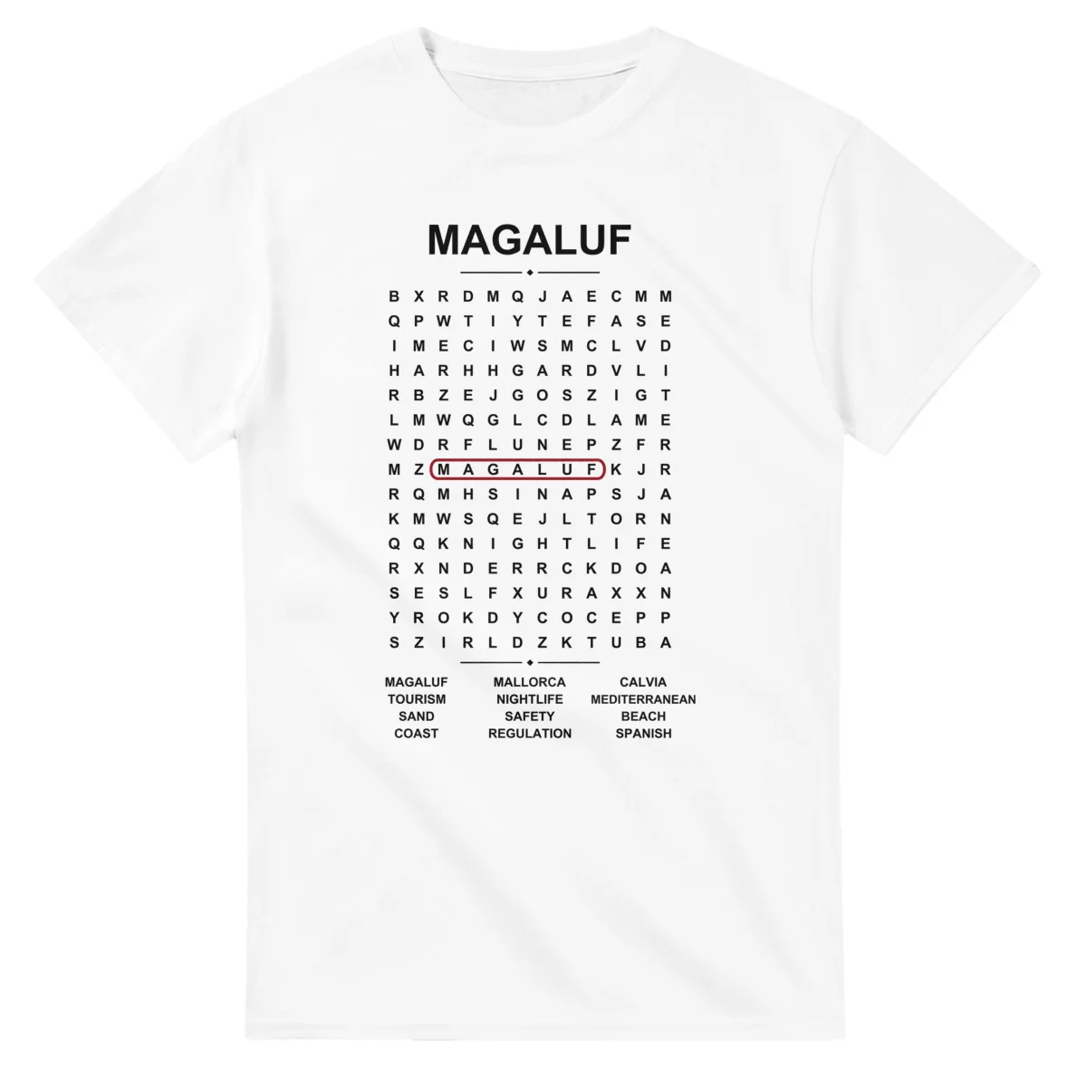 Word-search sheet for Magaluf, with a large place-name heading, a letter grid, a local answer list, and a red highlighted example word.