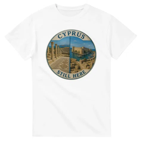 Painted, panelled scenic illustration for Cyprus, with paired local scenes and the place name in lettering.