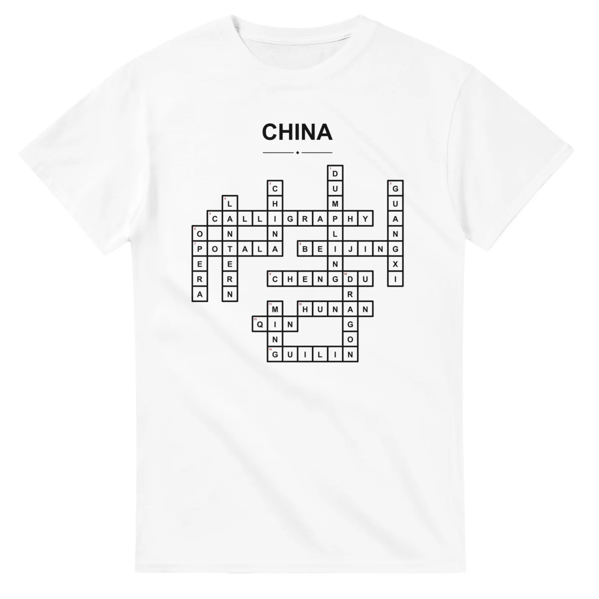 Monochrome crossword sheet for China, with a large place-name heading, a letter grid, and numbered across and down clues.