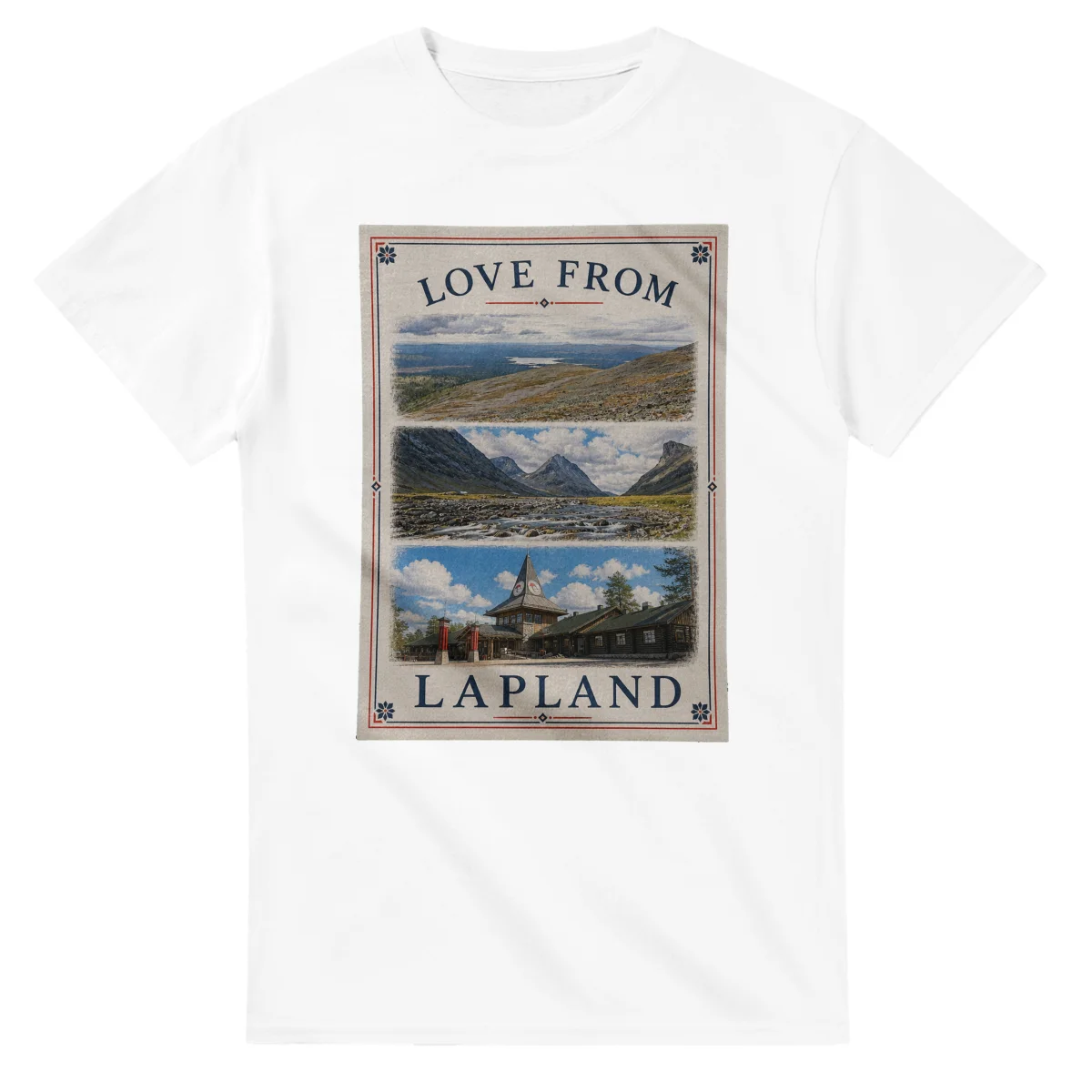 Framed scenic design for Lapland, with several local views, a decorative border and LOVE FROM lettering.