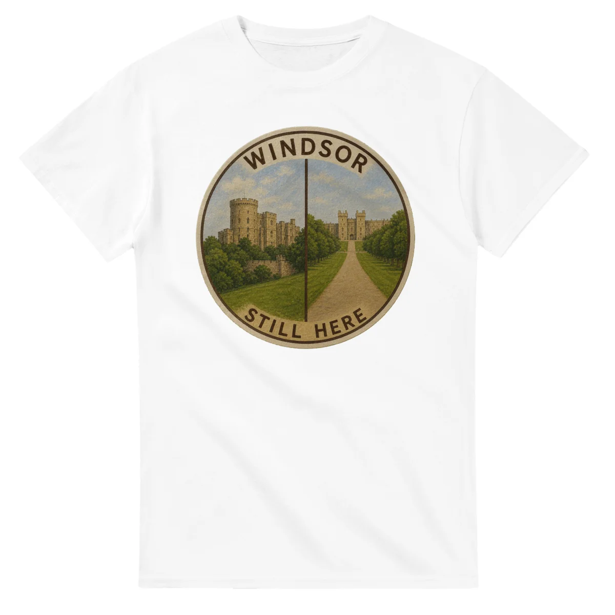 Painted, panelled scenic illustration for Windsor, with paired local scenes and the place name in lettering.