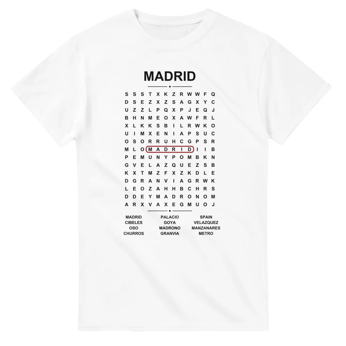 Word-search sheet for Madrid, with a large place-name heading, a letter grid, a local answer list, and a red highlighted example word.